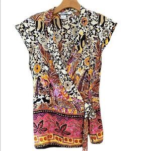 Nygard 10P Fiesta Orange Yellow Paisley Silk Skirt Set Wrap Top Fit Flare Skirt